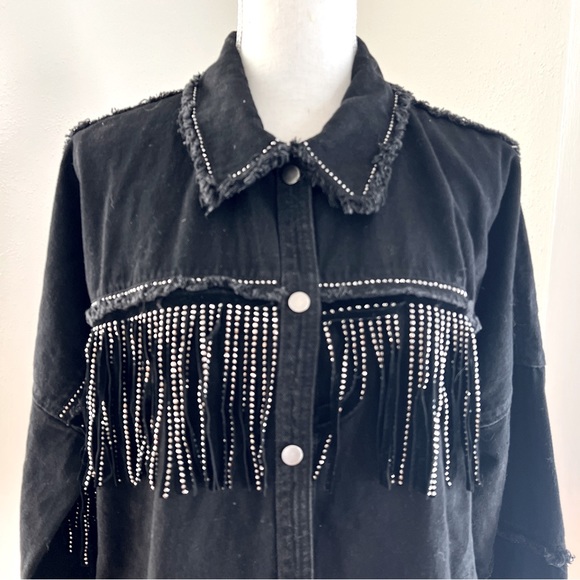 Zara Oversized Black Denim Jacket with Fringe & Rhinestones, Sz Medium - Picture 4 of 7